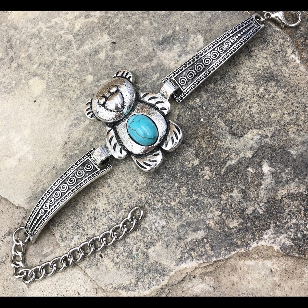 🍀 Teddy Bear Turquoise Belly Silver Clasp Bracelet